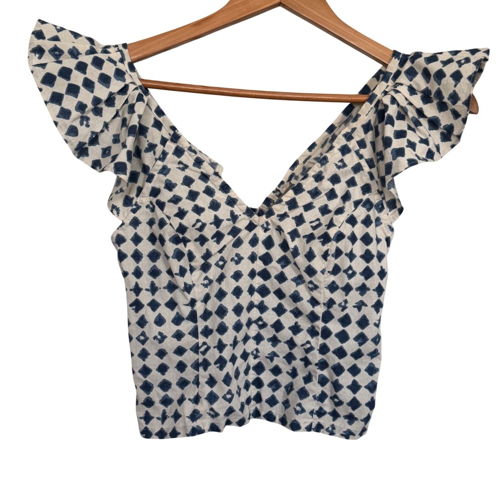 Madewell Women's Top Blue White Printed Flutter Sleeve Resort Girly Size 0Size 0